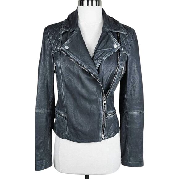 AllSaints Cargo Distressed Leather Biker Jacket Black/Gray EU 34, US 2 - Picture 2 of 14